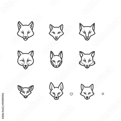 Nine Fox Head Line Art Illustrations with Subtle Variations in Design