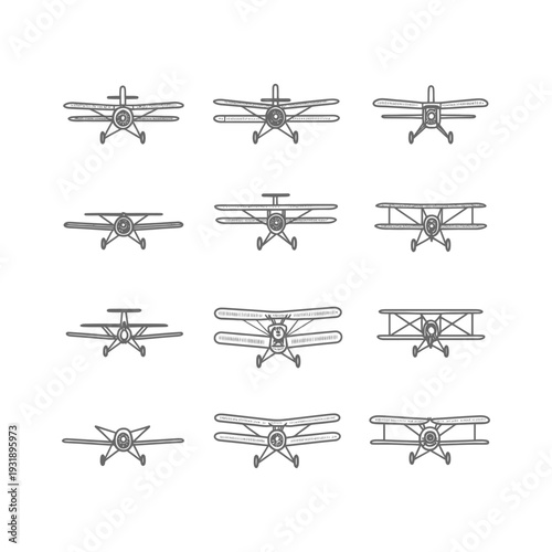 Nine Hand-Drawn Sketches of Vintage Biplanes