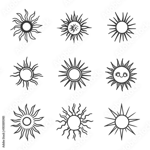 Nine Hand-Drawn Sun Illustrations with Various Ray Styles