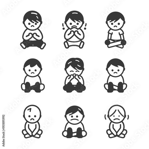 Nine Illustrations of Children Expressing Sadness and Discomfort