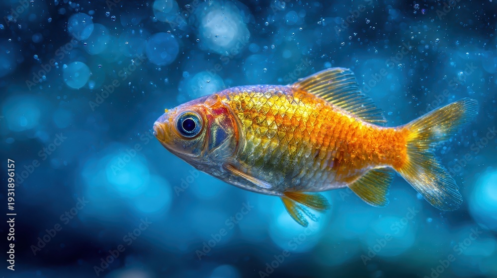 Fototapeta premium Golden Fish Swimming in Tranquil Blue Water Background