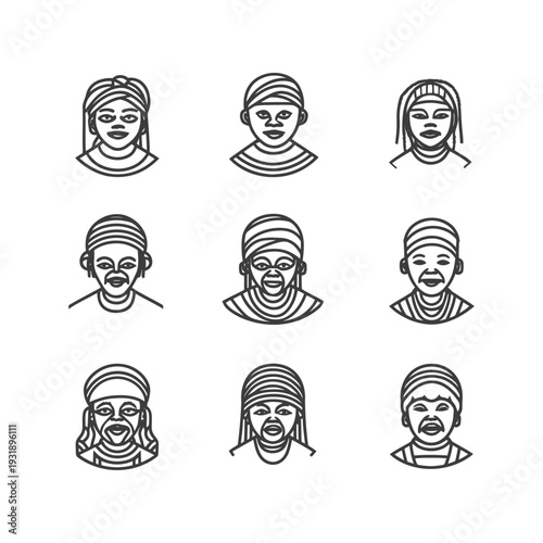 Nine Line Art Portraits of Diverse Individuals with Headwear