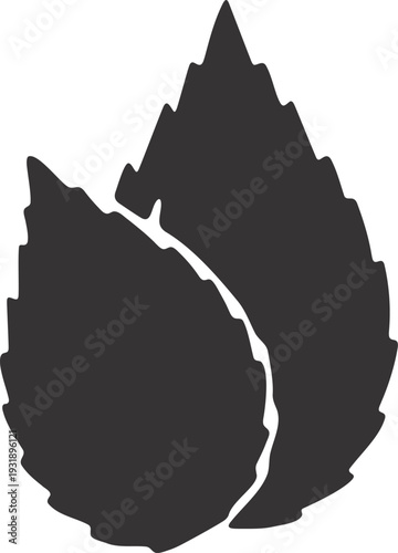 Cracked black silhouette of two jagged leaves, representing fragility and nature's resilience, vector