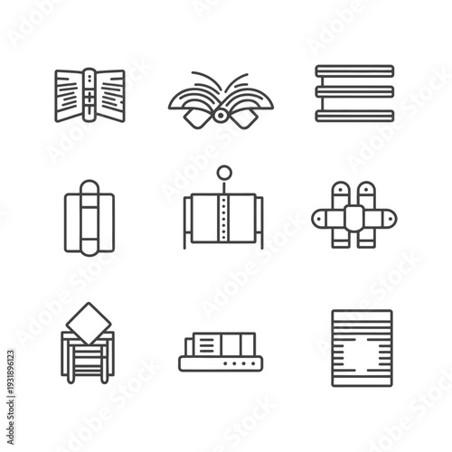 Nine Line Drawings Depicting Different Types of Books