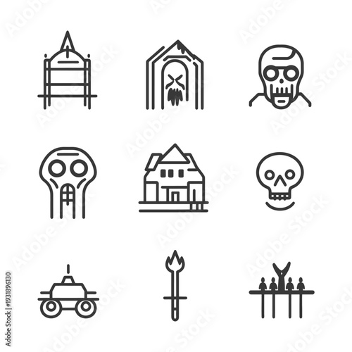 Nine Line Drawings Depicting Various Spooky and Creepy Symbols