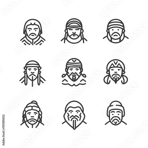 Nine Line Drawings of Bearded Men with Various Headwear