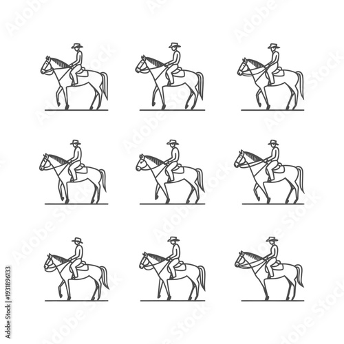 Nine Line Drawings of a Cowboy Riding a Horse