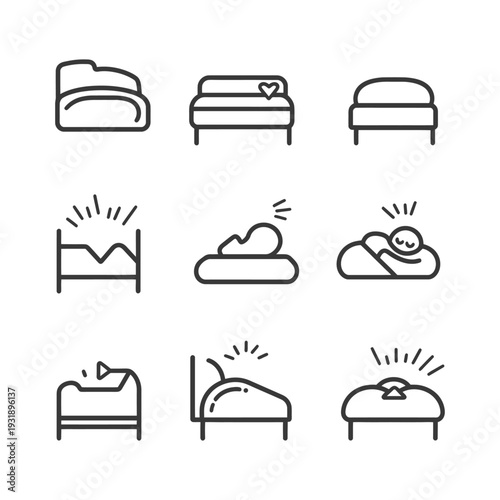 Nine Line Drawings of Beds and Sleeping Positions
