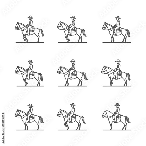 Nine Line Drawings of a Cowboy Riding a Horse