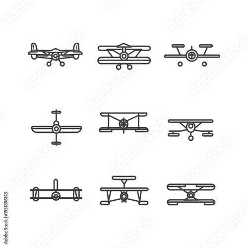 Nine Line Drawings of Biplanes in Different Orientations
