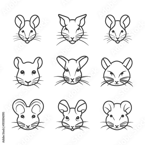 Nine Line Drawings of Chinchilla Faces with Variations in Ear Shape and Facial Expressions