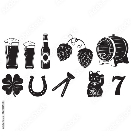 Black silhouette icons of beer glasses, bottle, hops, barrel, and lucky symbols including four leaf clover, horseshoe, wishbone, maneki-neko cat, and number seven, isolated vector collection