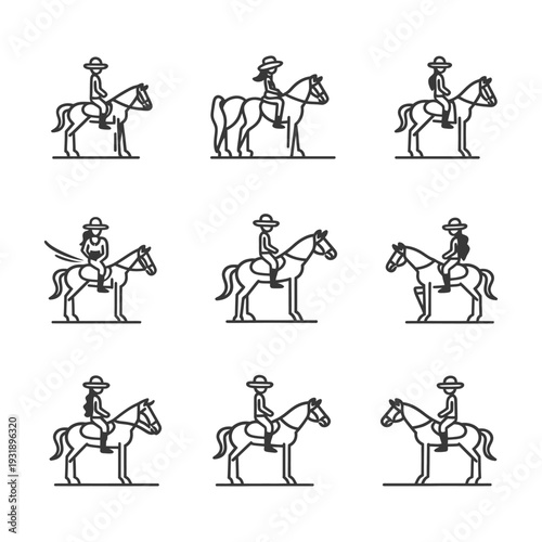 Nine Line Drawings of People Riding Horses
