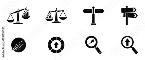 Business Decision Making and Growth Direction Icon Set with Strategy Scale, Signpost Arrow, Market Analysis, Leadership Planning and Opportunity Search Silhouette Vector Collection