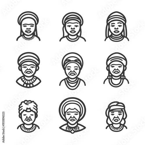 Nine Line Drawings of People Wearing Headscarves