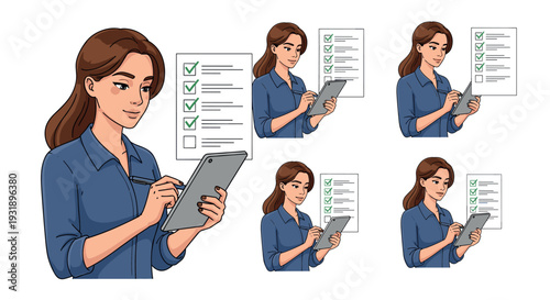 Cartoon illustration set of a woman holding a digital tablet and stylus, completing a checklist to represent task management, productivity, and project completion