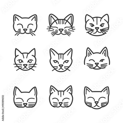 Nine Outline Cat Faces with Various Expressions