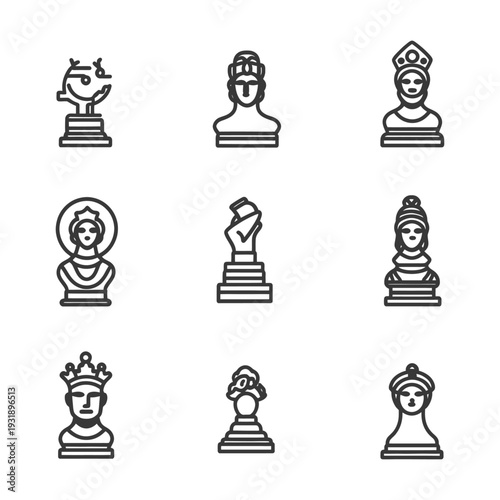 Nine Outline Chess Pieces with Crown, Rosette, and Other Details