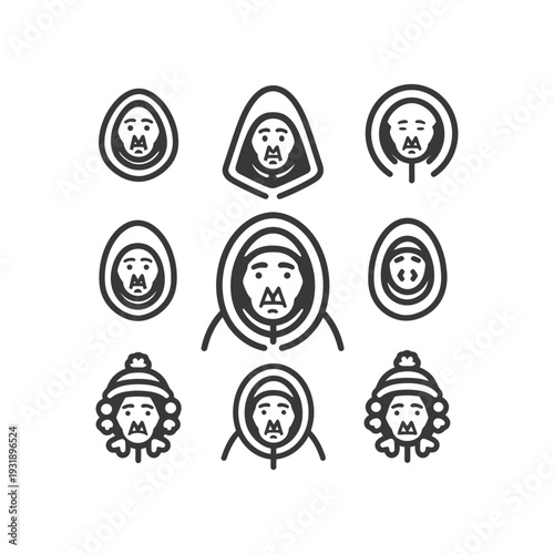 Nine Outline Drawings of Faces in Winter Gear