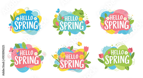 Colorful collection of six Hello Spring typographic designs with flowers, butterflies, and leaves in a cheerful cartoon style for seasonal greetings and celebrations