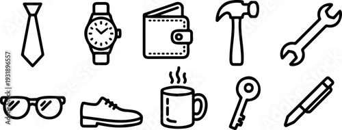 Mens accessories line art icons tie watch wallet hammer wrench glasses shoe coffee cup key pen