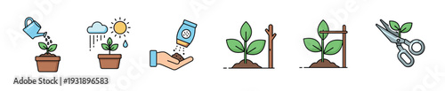 Colorful plant care and gardening icon set showing watering, fertilizing, weather, staking, and pruning a young green sprout for growth and development concepts