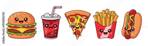 Cute set of kawaii fast food characters including a hamburger, soda, pizza, fries, and hot dog smiling happily in a cheerful and charming cartoon illustration style