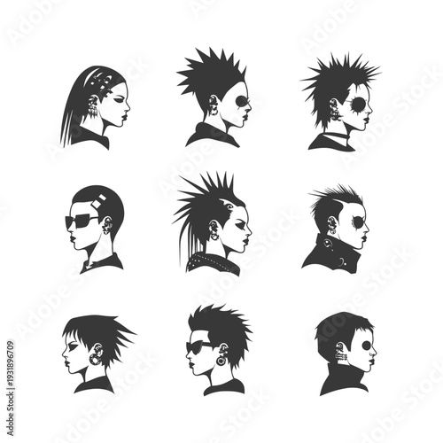 Nine Silhouette Portraits of People with Punk Hairstyles and Piercings