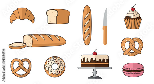 Collection of illustrated bakery and pastry icons featuring various breads, sweets, and desserts like a croissant, pretzel, donut, cake, cupcake, and macaron in a flat design style