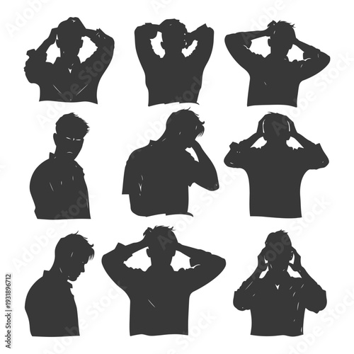 Nine Silhouettes of a Man Holding His Head in His Hands