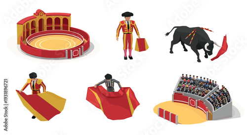 Collection of bullfighting isometric vector icons depicting a matador in a traditional suit, a black bull, a bullring arena, and spectators watching the show