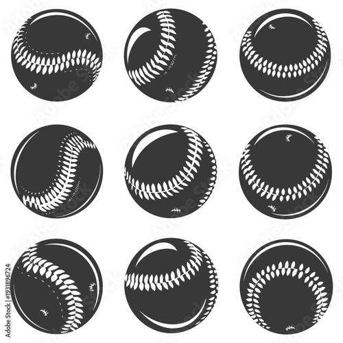 Nine Silhouettes of a Baseball with Stitches and Laces