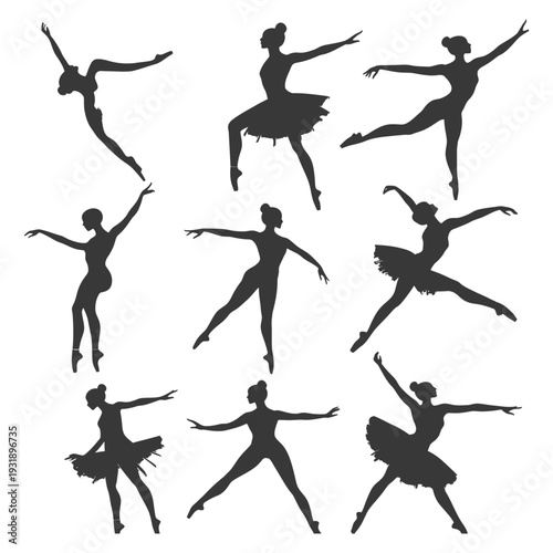 Nine Silhouettes of Ballerinas in Various Poses