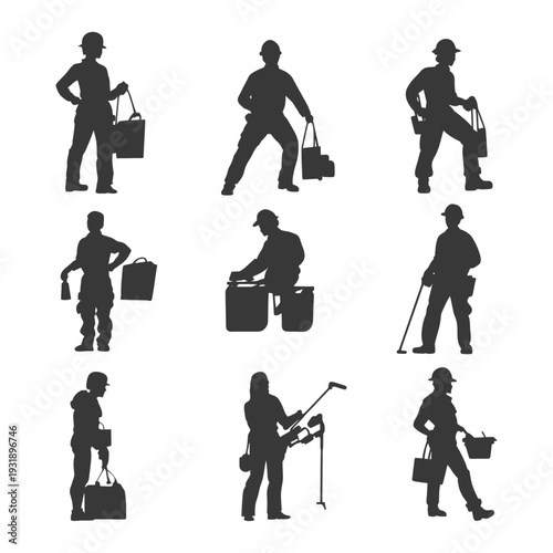 Nine Silhouettes of Construction Workers with Tools and Equipment