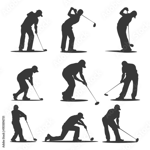 Nine Silhouettes of Golfers in Various Swing Positions