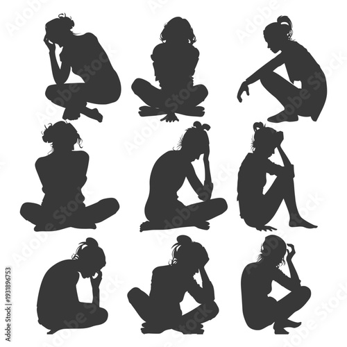 Nine Silhouettes of Depressed Women Sitting With Their Heads in Their Hands