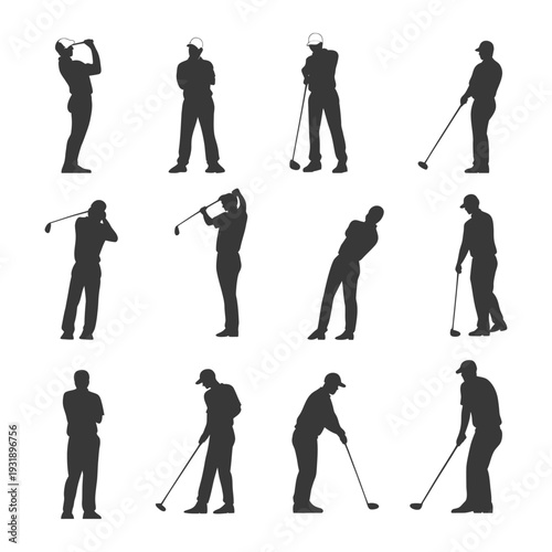 Nine Silhouettes of Golfers in Different Poses