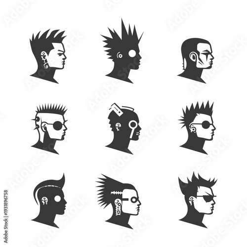 Nine Silhouettes of Individuals with Spiky Hairstyles and Facial Features