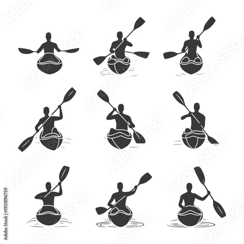 Nine Silhouettes of Kayakers with Paddles in Various Positions