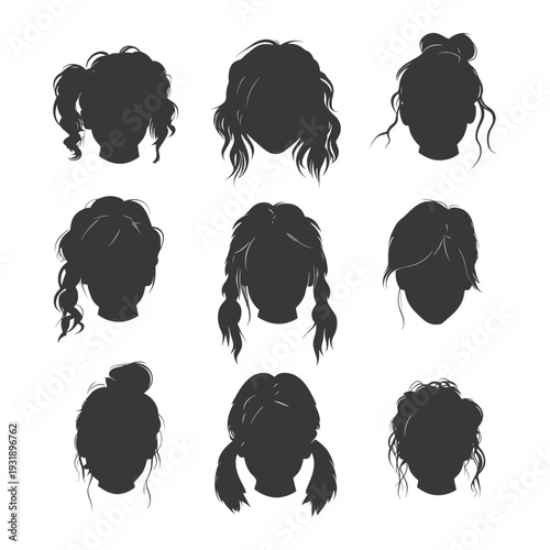 Nine Silhouettes of Female Heads with Various Hairstyles