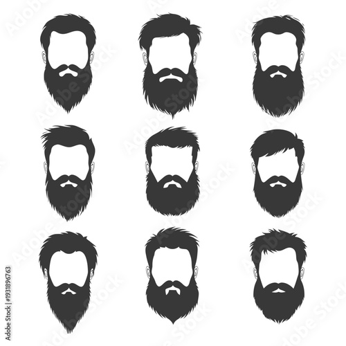 Nine Silhouettes of Men with Different Hairstyles and Beards