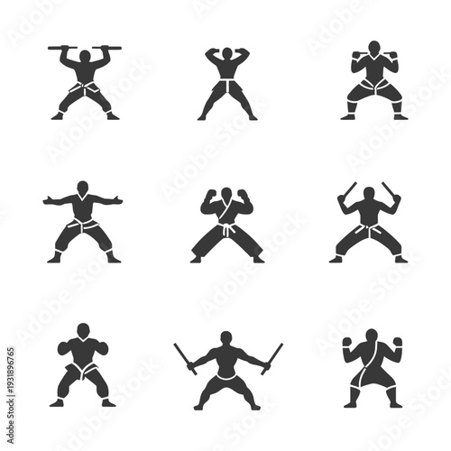 Nine Silhouettes of Martial Arts Fighters in Various Poses