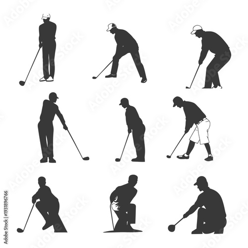 Nine Silhouettes of Golfers in Different Poses