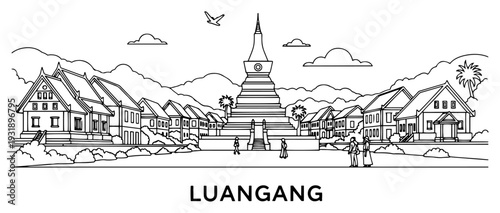 Minimalist line art skyline of Luangang with central pagoda and village houses illustration