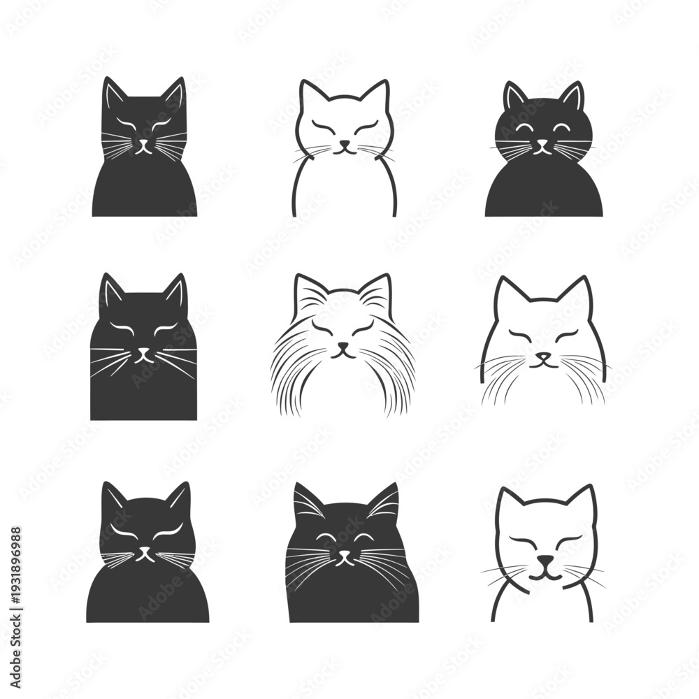Fototapeta premium Nine Simple Black and White Cat Illustrations