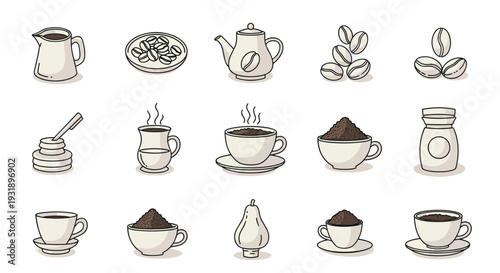 Charming set of hand-drawn coffee icons including a pot, steaming cups, roasted beans, ground coffee, and a creamer, presented in a simple doodle illustration style