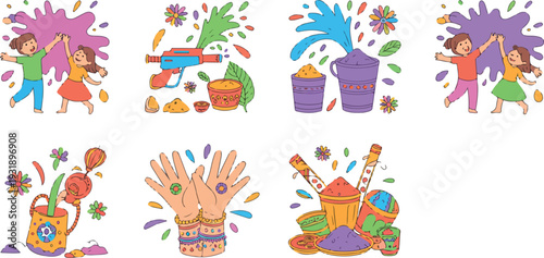 Group of happy children playing holi festival with water guns and colors, isolated vector art