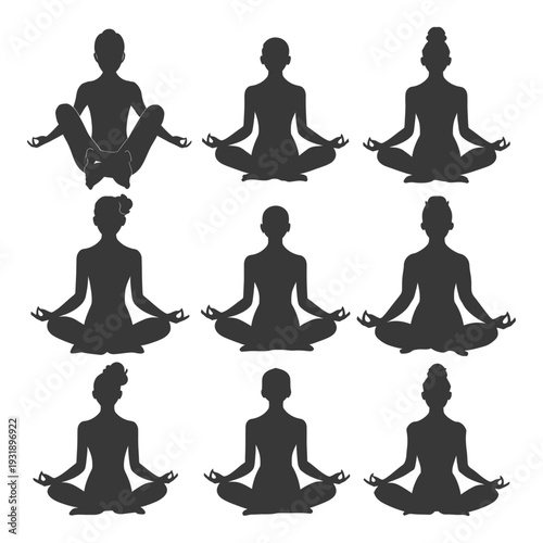 Nine Silhouettes of Women in a Meditation Pose