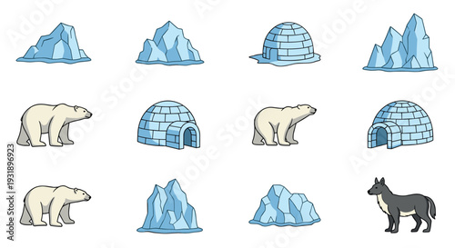 Set of arctic animal and nature illustrations featuring polar bears, igloos, icebergs, and a wolf, depicted in a simple, clean cartoon style with bold outlines