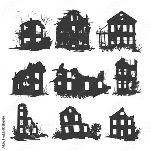 Nine Silhouettes of Ruined Buildings with Broken Windows and Overgrown Vegetation